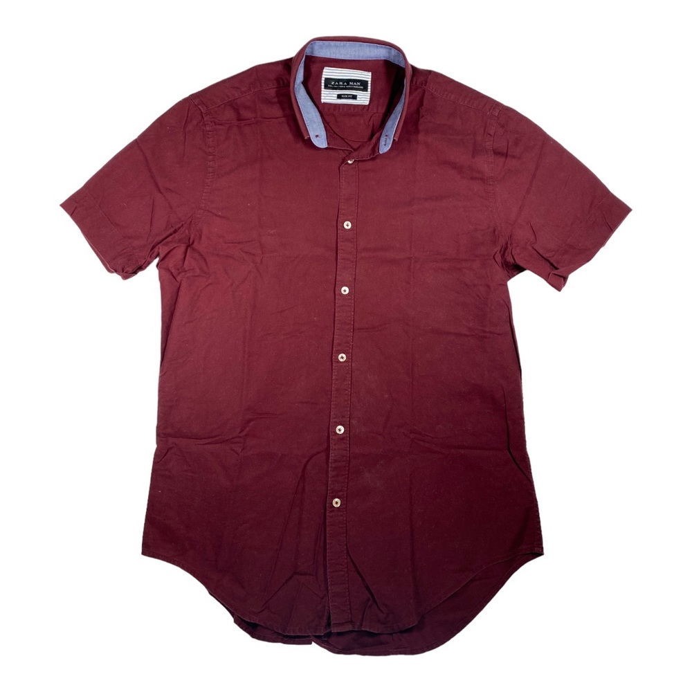 Zara Man Slim Fit Button Down Shirt Men's Large Burgundy Short Sleeve Measured